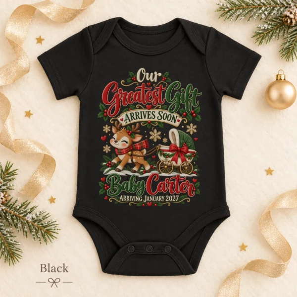Reindeer Christmas Pregnancy Announcement Personalized Baby Bodysuit — alternate product mockup reindeer christmas pregnancy announcement personalized baby bodysuit color options
