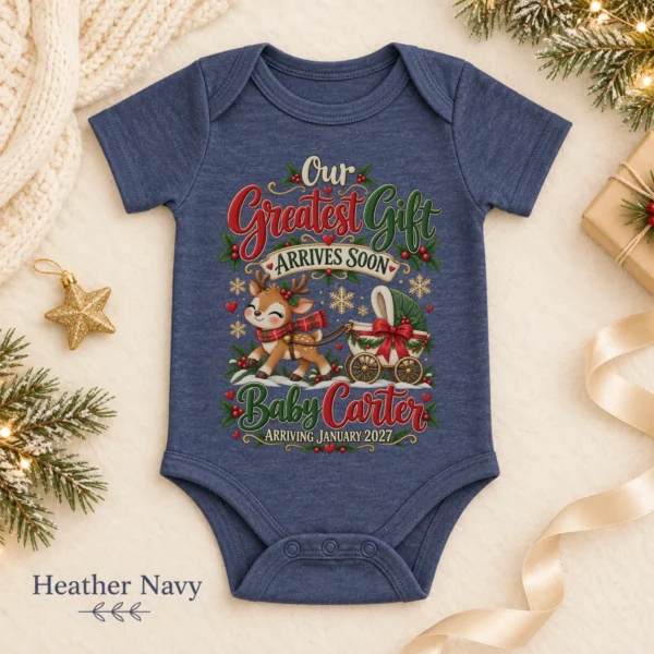 Reindeer Christmas Pregnancy Announcement Personalized Baby Bodysuit — alternate product mockup reindeer christmas pregnancy announcement personalized baby bodysuit color options