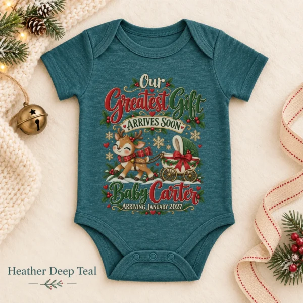 Reindeer Christmas Pregnancy Announcement Personalized Baby Bodysuit — alternate product mockup reindeer christmas pregnancy announcement personalized baby bodysuit color options
