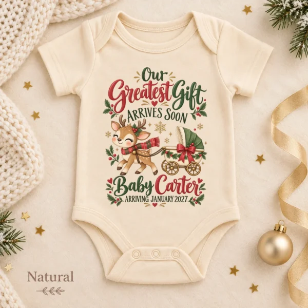 Reindeer Christmas Pregnancy Announcement Personalized Baby Bodysuit — alternate product mockup reindeer christmas pregnancy announcement personalized baby bodysuit color options