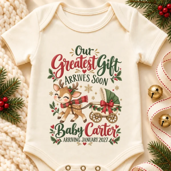 Reindeer Christmas Pregnancy Announcement Personalized Baby Bodysuit — alternate product mockup reindeer christmas pregnancy announcement personalized baby bodysuit lifestyle scene