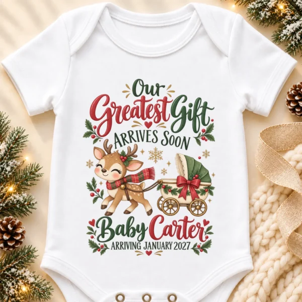 Reindeer Christmas Pregnancy Announcement Personalized Baby Bodysuit — alternate product mockup reindeer christmas pregnancy announcement personalized baby bodysuit close-up detail