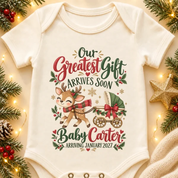Reindeer Christmas Pregnancy Announcement Personalized Baby Bodysuit — alternate product mockup reindeer christmas pregnancy announcement personalized baby bodysuit product detail