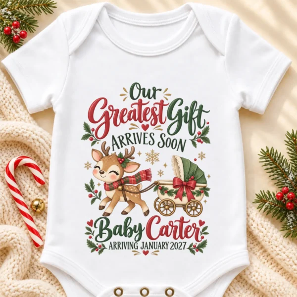 Reindeer Christmas Pregnancy Announcement Personalized Baby Bodysuit — alternate product mockup reindeer christmas pregnancy announcement personalized baby bodysuit product photo