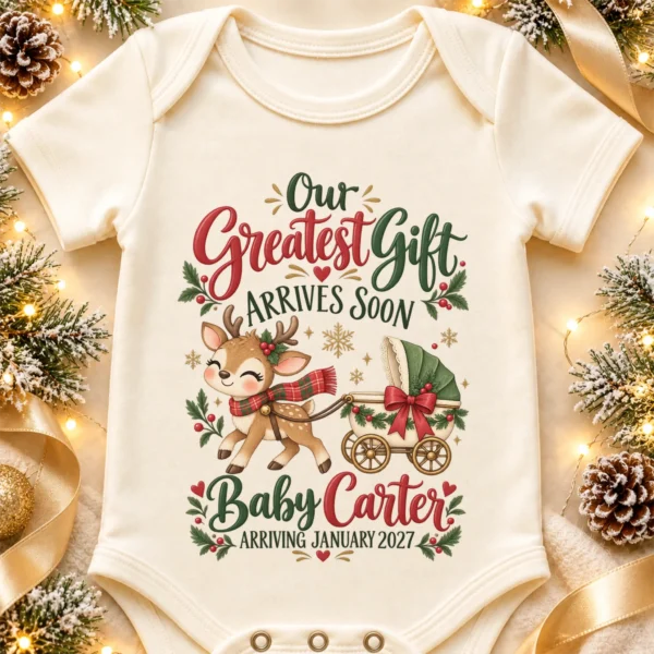 Reindeer Christmas Pregnancy Announcement Personalized Baby Bodysuit — alternate product mockup reindeer christmas pregnancy announcement personalized baby bodysuit mockup view