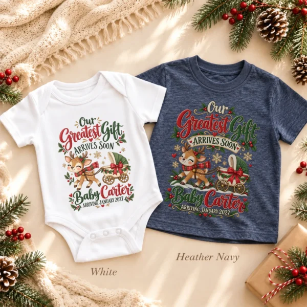Reindeer Christmas Pregnancy Announcement Personalized Baby Bodysuit — toddler shirt mockup reindeer christmas pregnancy announcement personalized baby bodysuit styled product photo