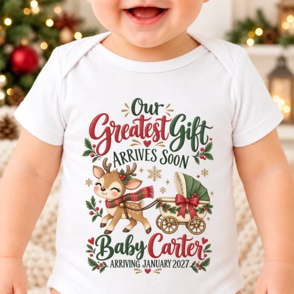 Reindeer Christmas Pregnancy Announcement Personalized Baby Bodysuit — alternate product mockup reindeer christmas pregnancy announcement personalized baby bodysuit product photo