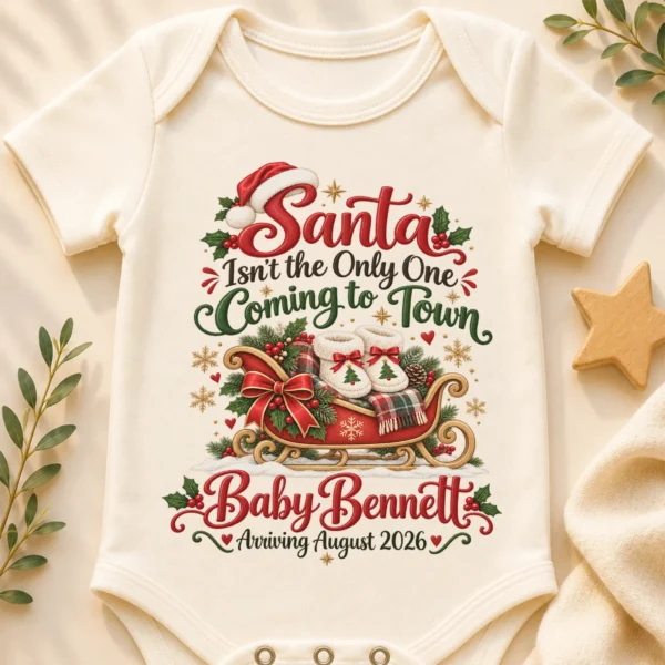 Santa Christmas Pregnancy Announcement Personalized Baby Bodysuit — baby bodysuit mockup santa christmas pregnancy announcement personalized baby bodysuit close-up detail