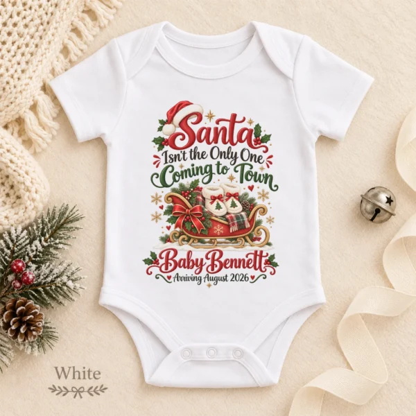 Santa Christmas Pregnancy Announcement Personalized Baby Bodysuit — alternate product mockup santa christmas pregnancy announcement personalized baby bodysuit color options