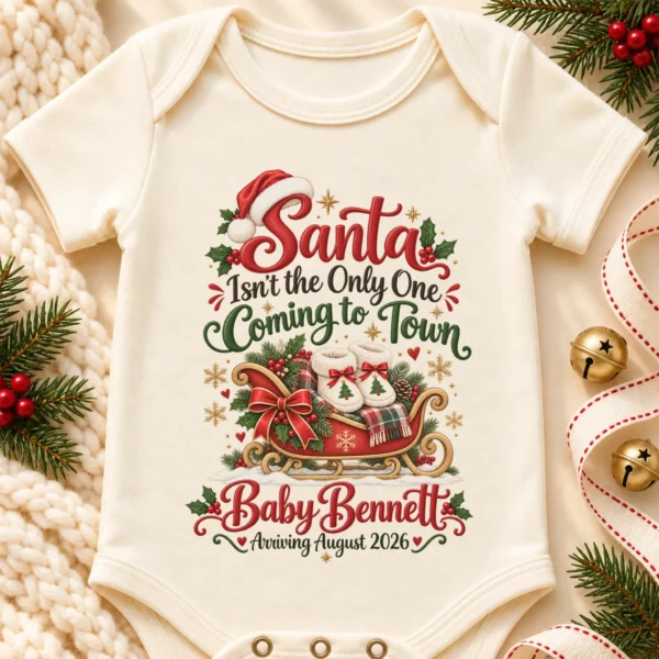 Santa Christmas Pregnancy Announcement Personalized Baby Bodysuit — alternate product mockup santa christmas pregnancy announcement personalized baby bodysuit close-up detail