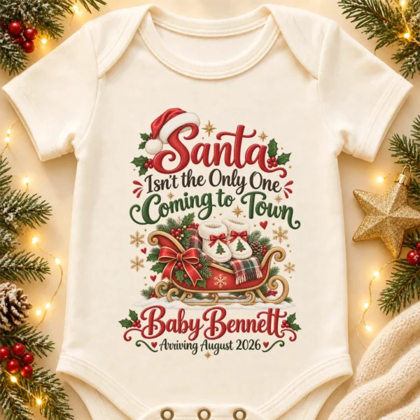 Santa Christmas Pregnancy Announcement Personalized Baby Bodysuit — alternate product mockup santa christmas pregnancy announcement personalized baby bodysuit