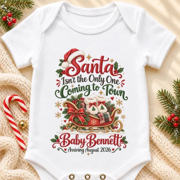 Santa Christmas Pregnancy Announcement Personalized Baby Bodysuit — product mockup santa christmas pregnancy announcement personalized baby bodysuit front view