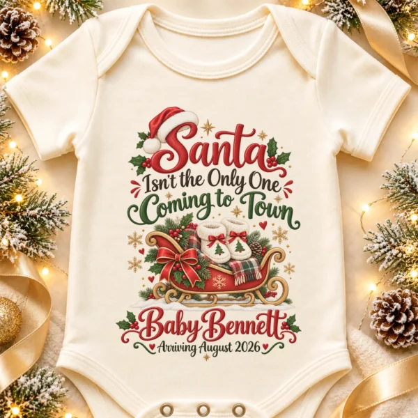 Santa Christmas Pregnancy Announcement Personalized Baby Bodysuit — alternate product mockup santa christmas pregnancy announcement personalized baby bodysuit product photo