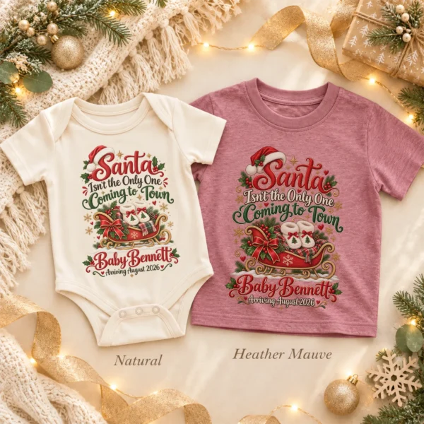 Santa Christmas Pregnancy Announcement Personalized Baby Bodysuit — toddler shirt mockup santa christmas pregnancy announcement personalized baby bodysuit lifestyle scene