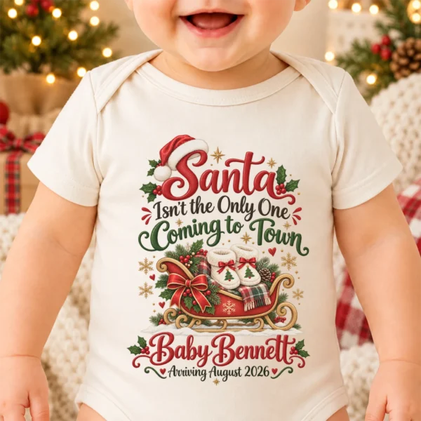 Santa Christmas Pregnancy Announcement Personalized Baby Bodysuit — alternate product mockup santa christmas pregnancy announcement personalized baby bodysuit product photo