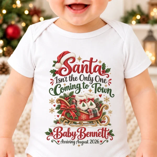 Santa Christmas Pregnancy Announcement Personalized Baby Bodysuit — alternate product mockup santa christmas pregnancy announcement personalized baby bodysuit product photo