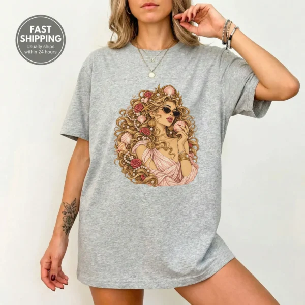 Seashell Portrait Shirt, Ornate Coastal Glamour — alternate product mockup seashell portrait shirt t-shirt styled product photo