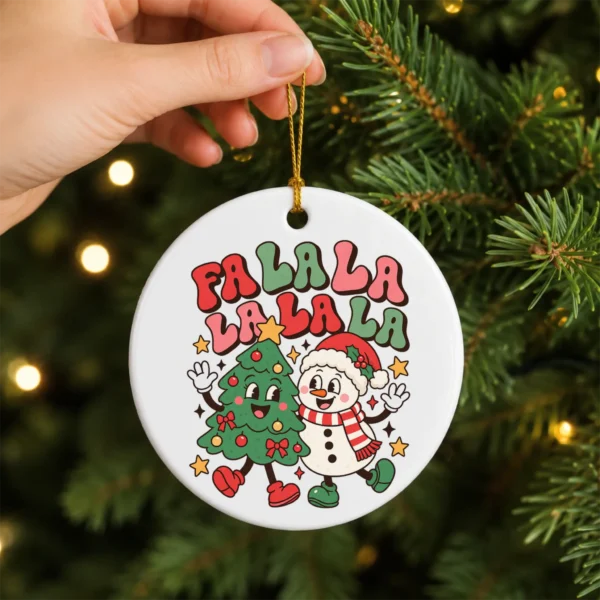 Fa La La Christmas Ornament with Happy Snowman and Tree Cartoon — alternate product mockup snowman and tree Christmas ornament product image alternate angle