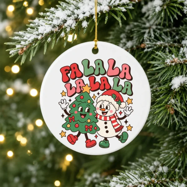 Fa La La Christmas Ornament with Happy Snowman and Tree Cartoon — alternate product mockup snowman and tree Christmas ornament product image product photo