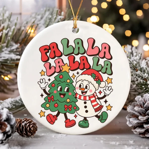 Fa La La Christmas Ornament with Happy Snowman and Tree Cartoon — alternate product mockup snowman and tree Christmas ornament product image product photo