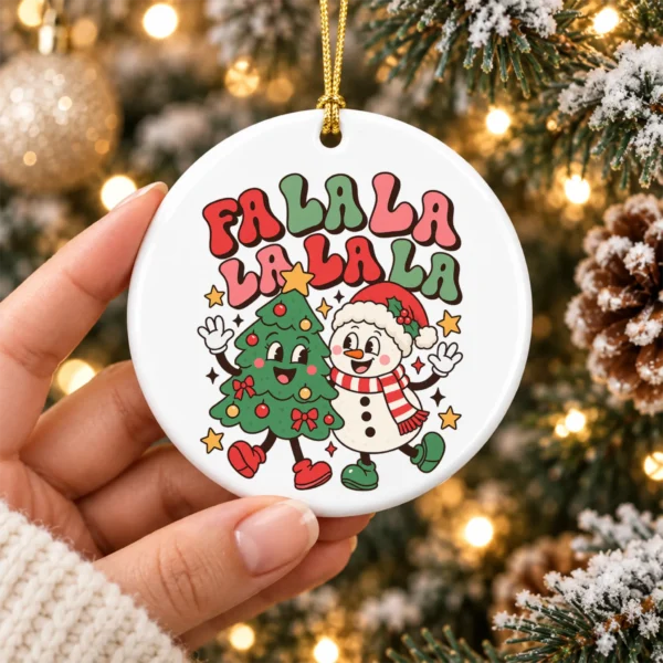 Fa La La Christmas Ornament with Happy Snowman and Tree Cartoon — alternate product mockup snowman and tree Christmas ornament product image product photo