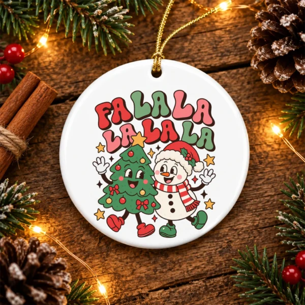 Fa La La Christmas Ornament with Happy Snowman and Tree Cartoon — alternate product mockup snowman and tree Christmas ornament product image product photo