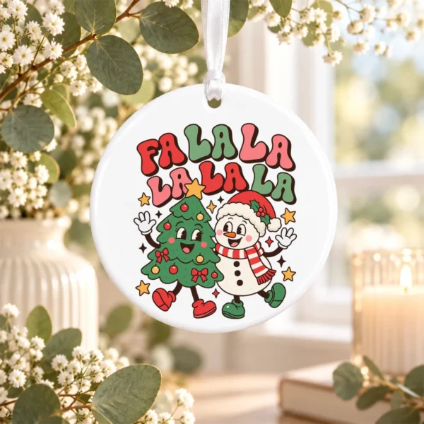 Fa La La Christmas Ornament with Happy Snowman and Tree Cartoon — alternate product mockup snowman and tree Christmas ornament product image product photo
