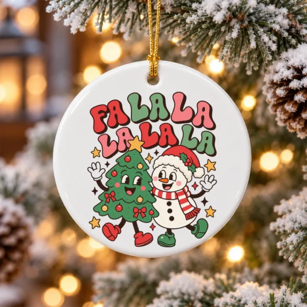 Fa La La Christmas Ornament with Happy Snowman and Tree Cartoon — alternate product mockup snowman and tree Christmas ornament product image close-up detail
