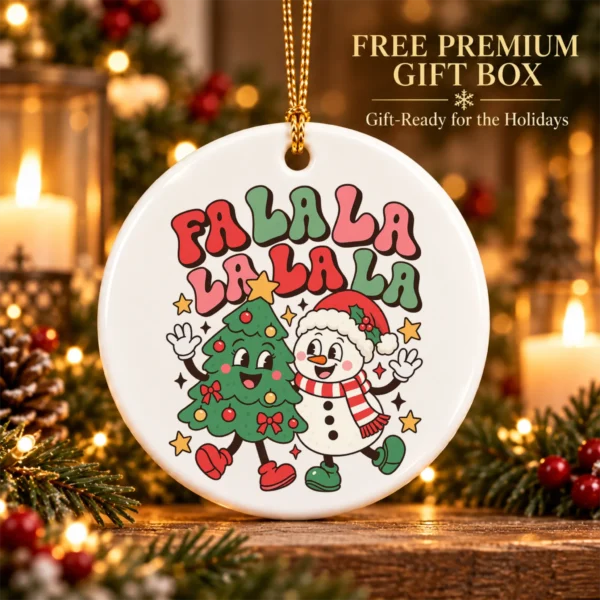 Fa La La Christmas Ornament with Happy Snowman and Tree Cartoon — alternate product mockup snowman and tree Christmas ornament product image product detail