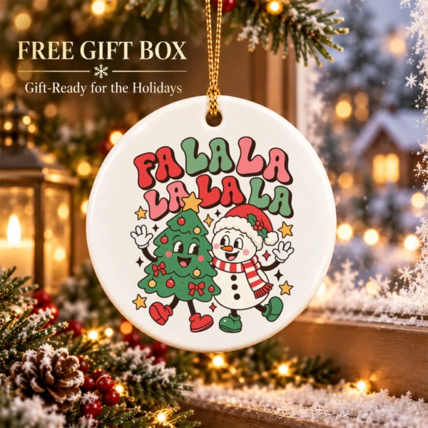 Fa La La Christmas Ornament with Happy Snowman and Tree Cartoon — alternate product mockup snowman and tree Christmas ornament product image lifestyle scene