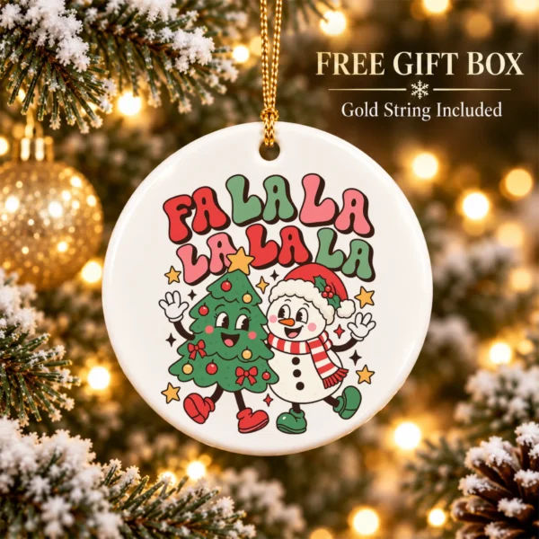 Fa La La Christmas Ornament with Happy Snowman and Tree Cartoon — alternate product mockup snowman and tree Christmas ornament product image product photo