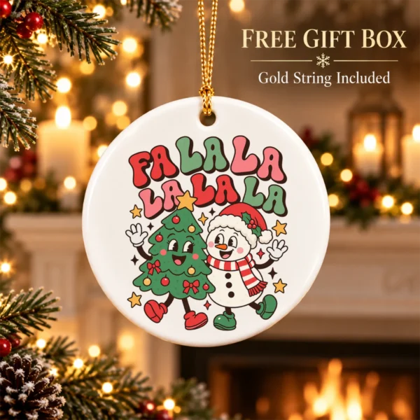 Fa La La Christmas Ornament with Happy Snowman and Tree Cartoon — alternate product mockup snowman and tree Christmas ornament product image styled product photo