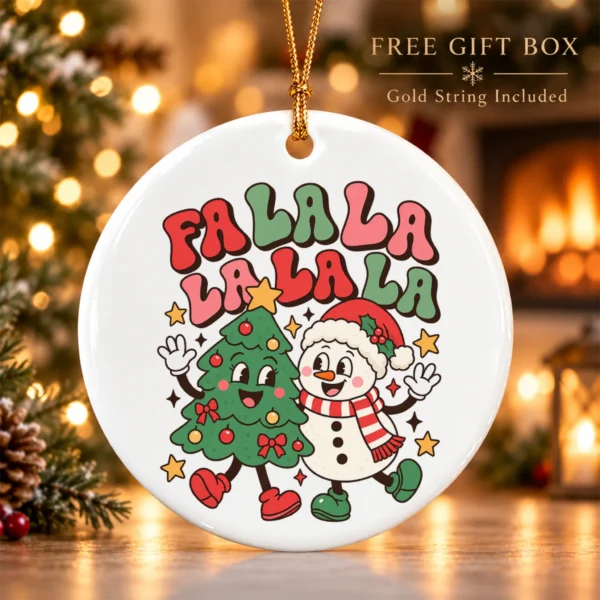 Fa La La Christmas Ornament with Happy Snowman and Tree Cartoon — alternate product mockup snowman and tree Christmas ornament product image mockup view