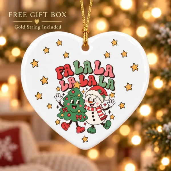 Fa La La Christmas Ornament with Happy Snowman and Tree Cartoon — alternate product mockup snowman and tree Christmas ornament product image product photo