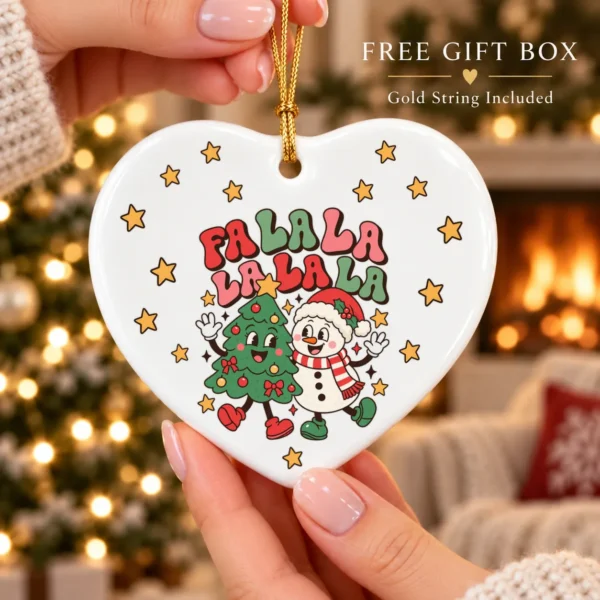 Fa La La Christmas Ornament with Happy Snowman and Tree Cartoon — alternate product mockup snowman and tree Christmas ornament product image product photo
