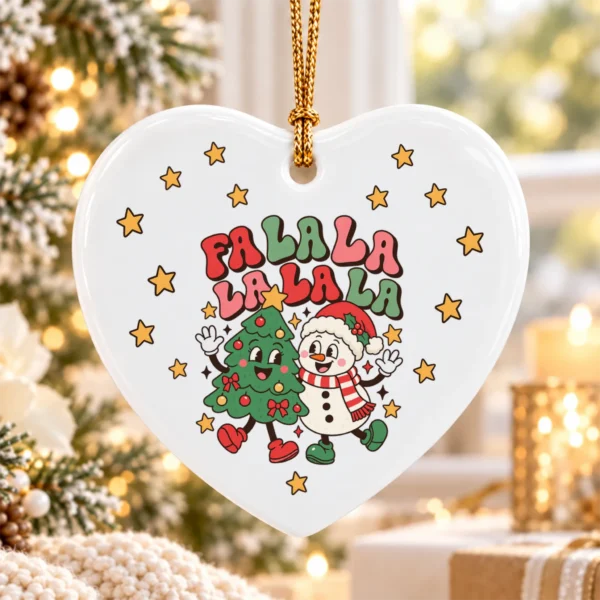 Fa La La Christmas Ornament with Happy Snowman and Tree Cartoon — alternate product mockup snowman and tree Christmas ornament product image product photo