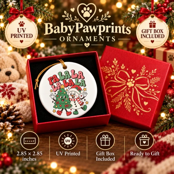 Fa La La Christmas Ornament with Happy Snowman and Tree Cartoon — alternate product mockup snowman and tree Christmas ornament product image front view