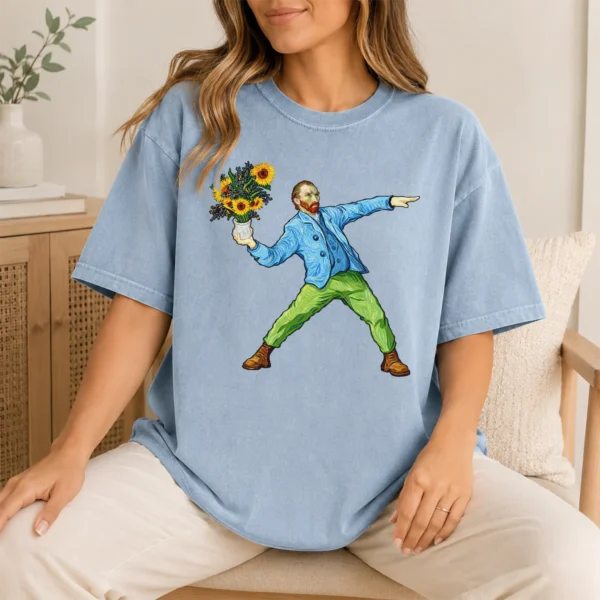 Sunflower Portrait Shirt, Sweatshirt & Hoodie — lifestyle mockup Van Gogh sunflower shirt t-shirt lifestyle scene