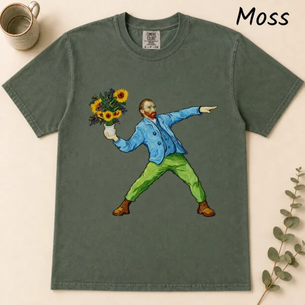 Sunflower Portrait Shirt, Sweatshirt & Hoodie — alternate product mockup Van Gogh sunflower shirt t-shirt flat lay view