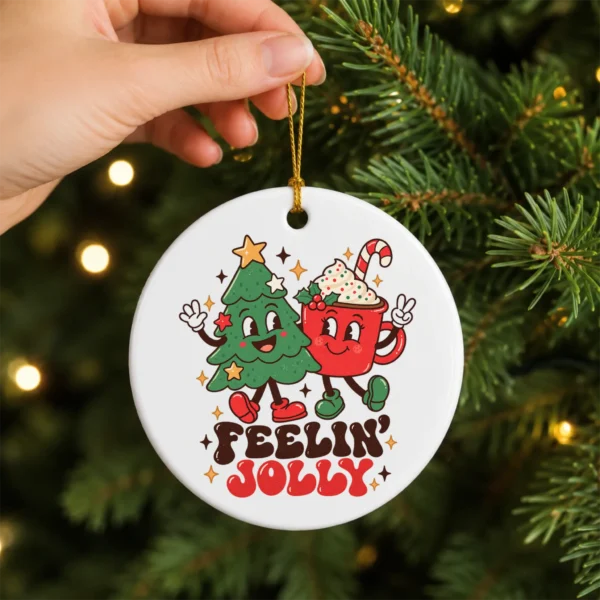 Feelin' Jolly Christmas Ornament with Cute Tree and Cocoa Mug — alternate product mockup tree and cocoa ornament mug product photo