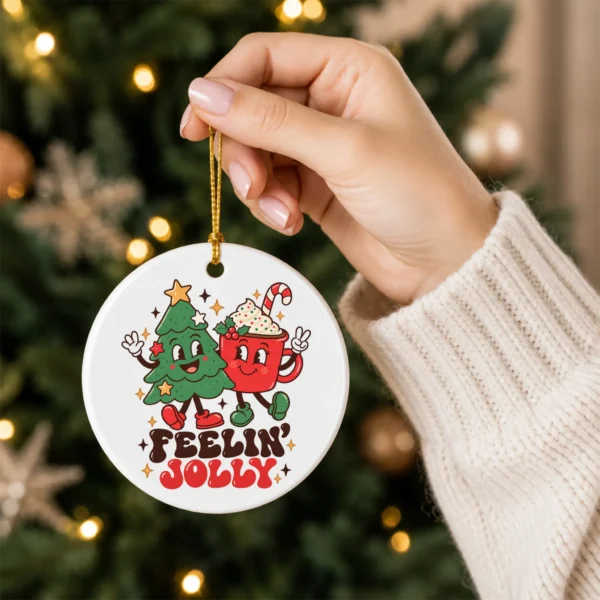 Feelin' Jolly Christmas Ornament with Cute Tree and Cocoa Mug — alternate product mockup tree and cocoa ornament mug product photo