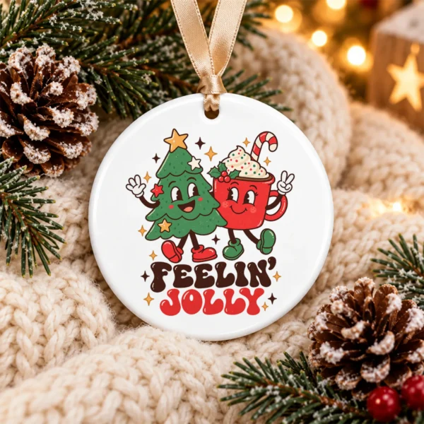 Feelin' Jolly Christmas Ornament with Cute Tree and Cocoa Mug — alternate product mockup tree and cocoa ornament mug product photo
