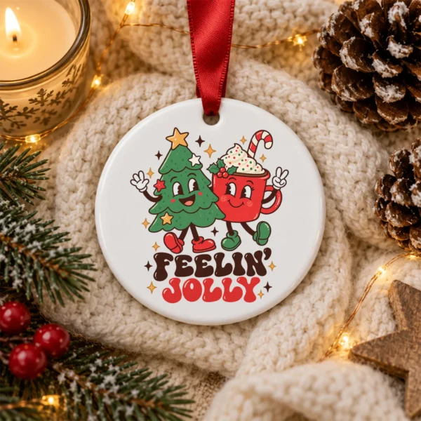 Feelin' Jolly Christmas Ornament with Cute Tree and Cocoa Mug — alternate product mockup tree and cocoa ornament mug alternate angle