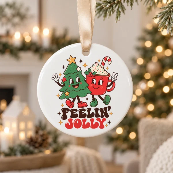Feelin' Jolly Christmas Ornament with Cute Tree and Cocoa Mug — alternate product mockup tree and cocoa ornament mug product detail