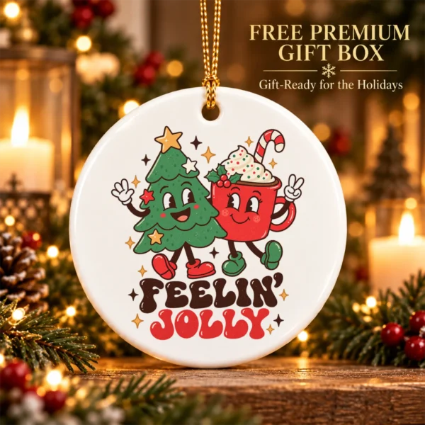 Feelin' Jolly Christmas Ornament with Cute Tree and Cocoa Mug — alternate product mockup tree and cocoa ornament mug product photo