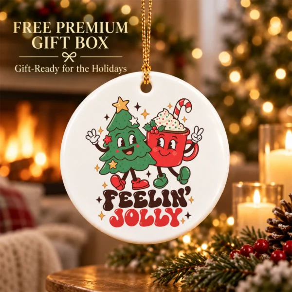 Feelin' Jolly Christmas Ornament with Cute Tree and Cocoa Mug — alternate product mockup tree and cocoa ornament mug product photo