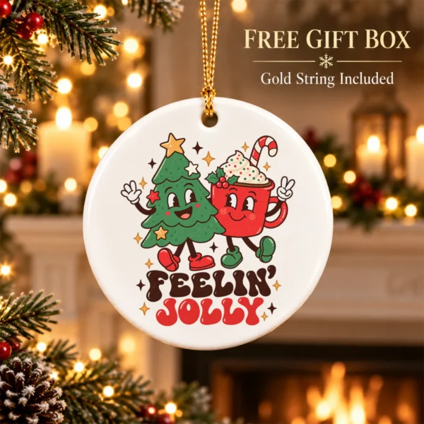 Feelin' Jolly Christmas Ornament with Cute Tree and Cocoa Mug — product mockup tree and cocoa ornament mug front view