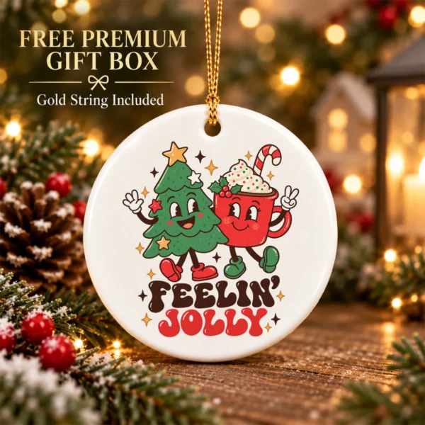 Feelin' Jolly Christmas Ornament with Cute Tree and Cocoa Mug — alternate product mockup tree and cocoa ornament mug product photo