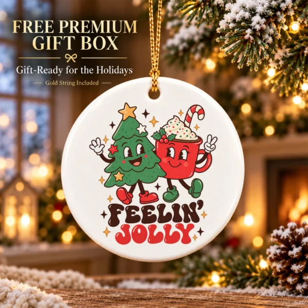 Feelin' Jolly Christmas Ornament with Cute Tree and Cocoa Mug — alternate product mockup tree and cocoa ornament mug product photo