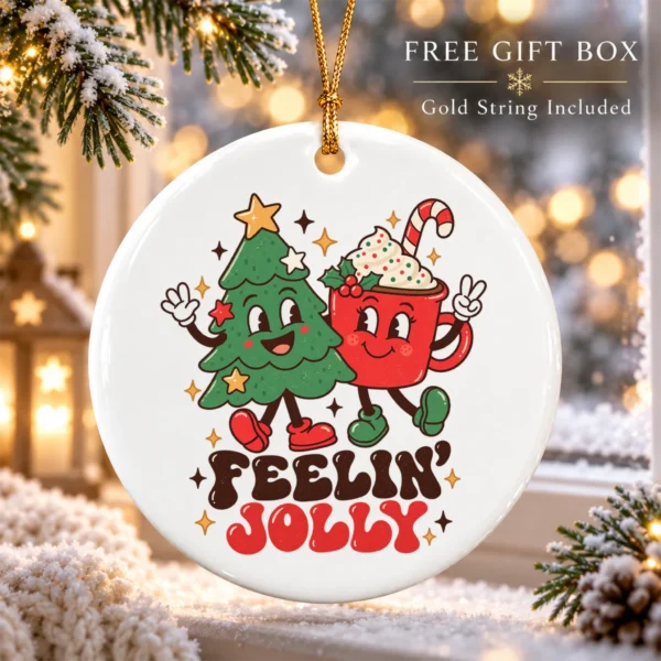 Feelin' Jolly Christmas Ornament with Cute Tree and Cocoa Mug — alternate product mockup tree and cocoa ornament mug product photo